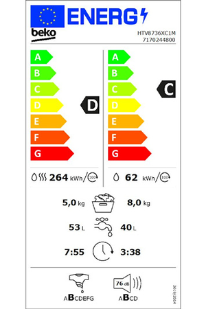 Lave-linge séchant BEKO HTV8736XC1M STEAMCURE