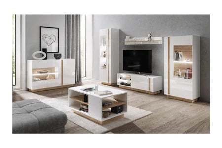 Séjour complet arcoma avec buffet + table basse + 2 vitrines + etagère murale + meuble tv blanc brillant et chêne