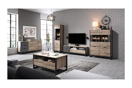 Séjour complet ardensia avec buffet + meuble tv + table basse + 2 vitrines chêne vieilli et graphite