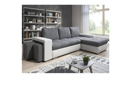 Le Stock Design Canapé angle convertible simon blanc / gris + 2 poufs