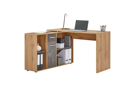 Bureau d'angle carmen table meuble de rangement intégré et modulable 4 étagères 1 porte et 1 tiroir, décor chêne sauvage/béton foncé