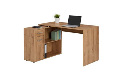 Bureau d'angle isotta table avec meuble de rangement intégré et modulable avec 2 étagères 1 porte 1 tiroir en mélaminé chêne sauvage