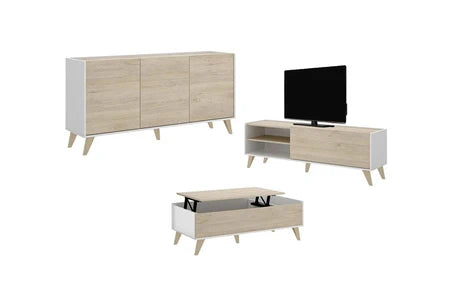 Ensemble table basse + meuble tv + buffet - blanc et chêne - séjour scandinave kolyma