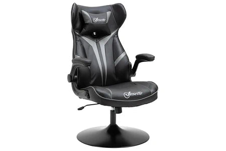 fauteuil gaming base ronde métal pivotante 360° hauteur réglable tétière accoudoirs relevables pvc gris noir