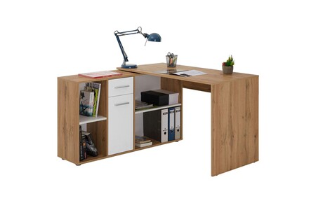 Bureau d'angle carmen table avec meuble de rangement intégré et modulable 4 étagères 1 porte et 1 tiroir, décor chêne sauvage/blanc