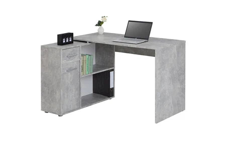 Bureau d'angle isotta table avec meuble de rangement intégré et modulable avec 2 étagères 1 porte 1 tiroir, en mélaminé décor béton