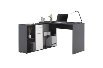 Bureau d'angle carmen table avec meuble de rangement intégré et modulable 4 étagères 1 porte et 1 tiroir, béton foncé/blanc