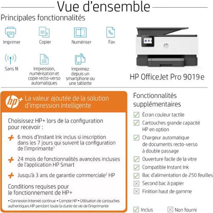 Imprimante jet d'encre HP OfficeJet Pro 9019e eligible Instant Ink