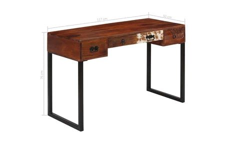 Bureau meubles de bureau cuir véritable, bois d'acacia massif et bois de sesham 117x50x76 cm