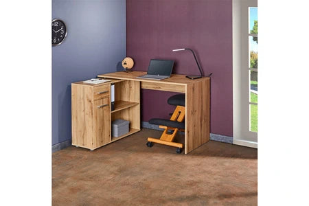 Bureau d'angle isotta table avec meuble de rangement intégré et modulable avec 2 étagères 1 porte 1 tiroir en mélaminé chêne sauvage