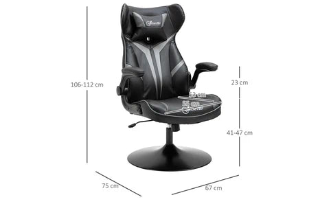 fauteuil gaming base ronde métal pivotante 360° hauteur réglable tétière accoudoirs relevables pvc gris noir