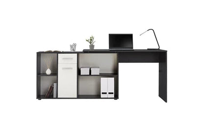 Bureau d'angle carmen table avec meuble de rangement intégré et modulable 4 étagères 1 porte et 1 tiroir, béton foncé/blanc