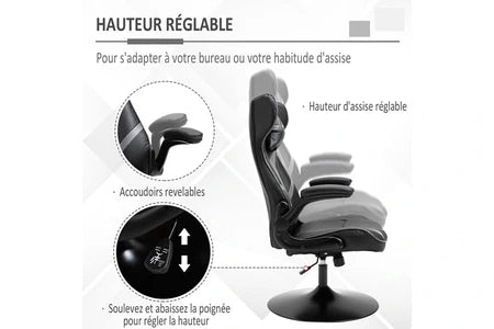 fauteuil gaming base ronde métal pivotante 360° hauteur réglable tétière accoudoirs relevables pvc gris noir