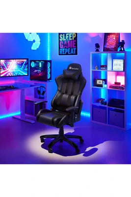 Chaise gamer avec coussin de tête et lombaires noir