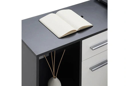 Bureau d'angle carmen table avec meuble de rangement intégré et modulable 4 étagères 1 porte et 1 tiroir, béton foncé/blanc