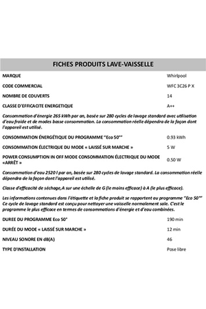 Lave-vaisselle WHIRLPOOL WFC3C26PX INOX