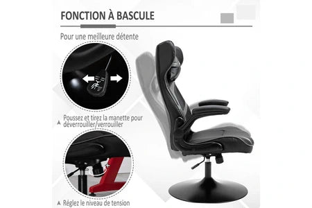 fauteuil gaming base ronde métal pivotante 360° hauteur réglable tétière accoudoirs relevables pvc gris noir