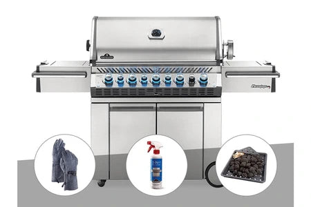 Barbecue Napoleon Barbecue À Gaz Napoleon Prestige Pro 665 Sib Inox + Gants En Cuir + Nettoyant Grill 3 En 1 + Plateau Charbon