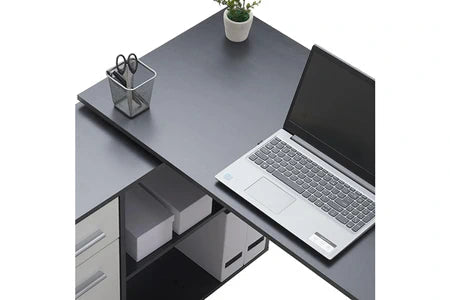 Bureau d'angle carmen table avec meuble de rangement intégré et modulable 4 étagères 1 porte et 1 tiroir, béton foncé/blanc