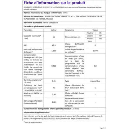 Lave vaisselle 60 cm WINIA WVW-14A1ESIAD AutoDoor