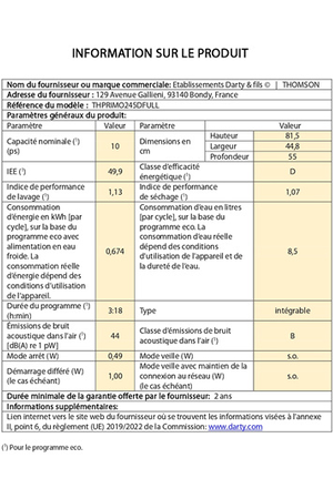 Lave-Vaisselle Thomson Encastrable - Thprimo245dfull 45cm