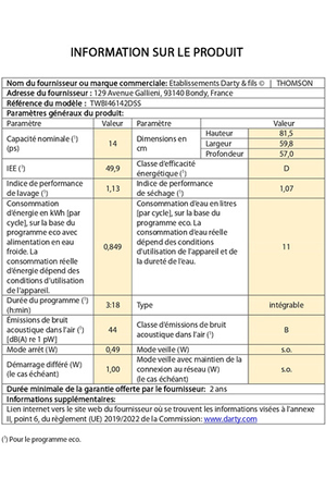Lave-Vaisselle Thomson Encastrable - Twbi46142dss 60cm